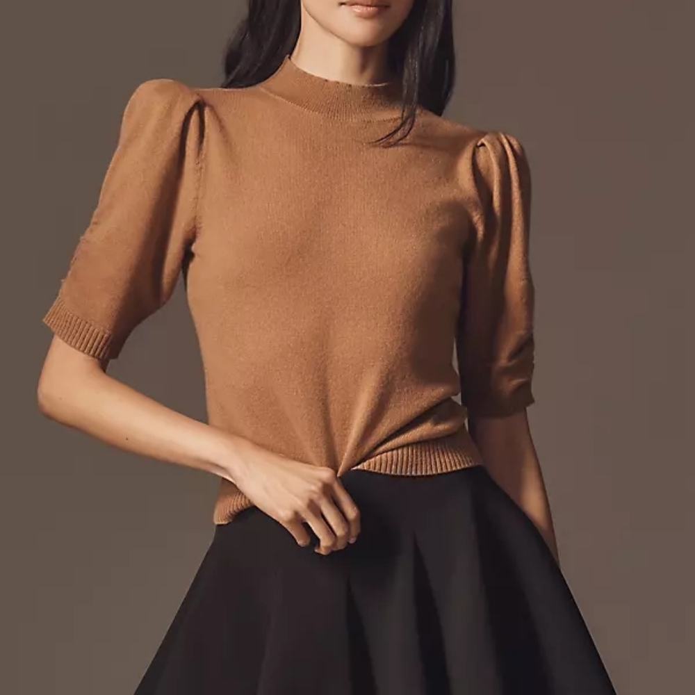 Anthropologie Sweater Tan Wool Cashmere Puff Sleeve Mock Neck Size S